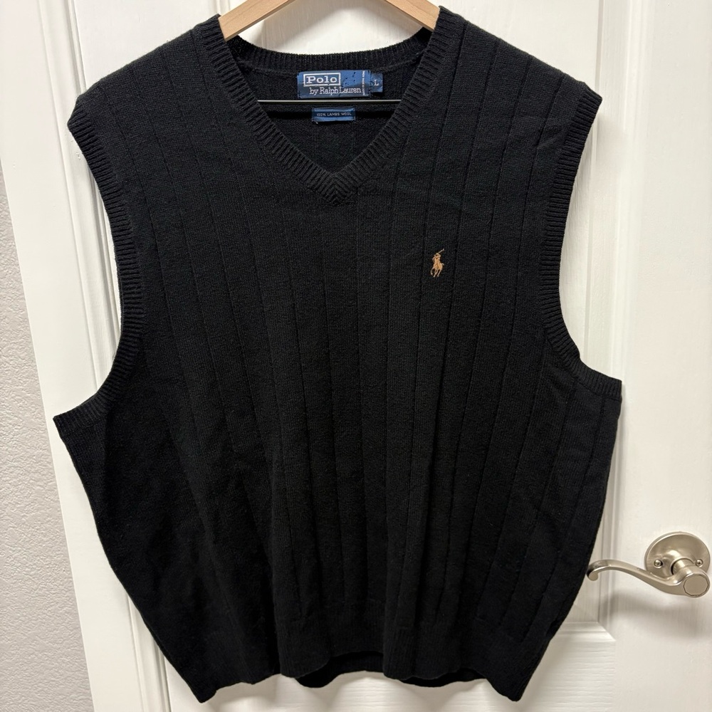 Polo by Ralph Lauren Black Sweater Vest Brown Pony Sz L Men’s (note small flaw)